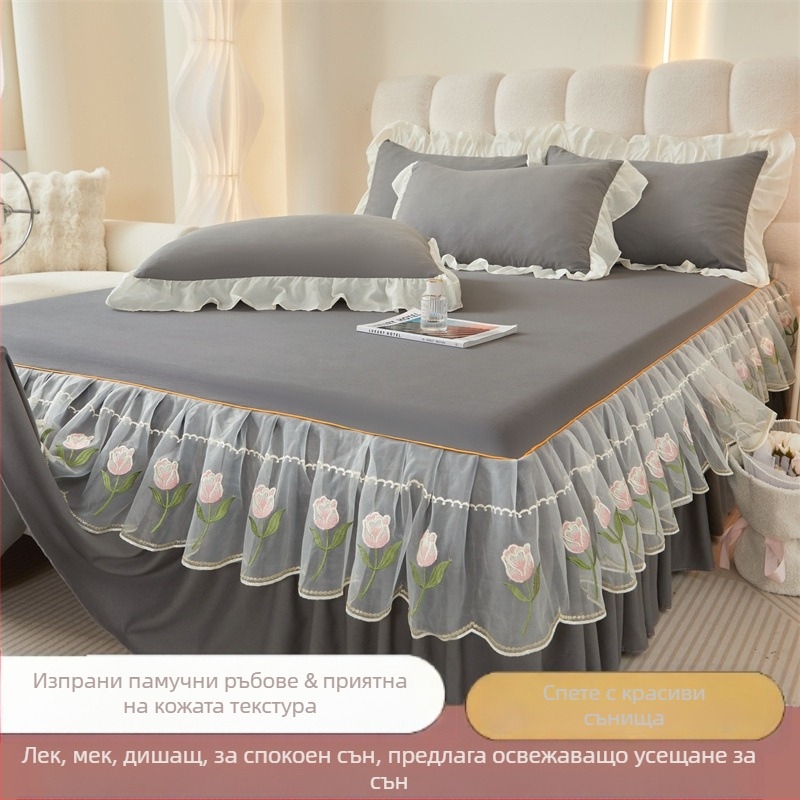 Френски стил комплект за легло с пола за легло и покривало, измит памук, бродерия, едноцветен, с кант по краю, три части, луксозен стил