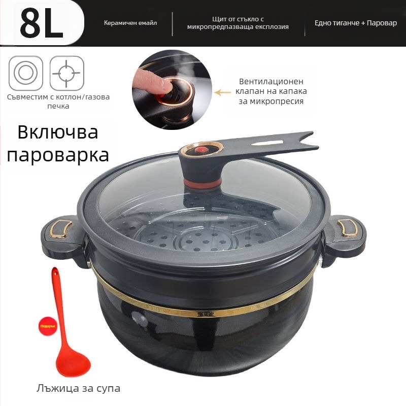 Супова тенджера с емайлирано емайлирано керамично дъно, микро‑пресова система, стъклен капак, неприлепващо покритие, капацитет над 5 л
