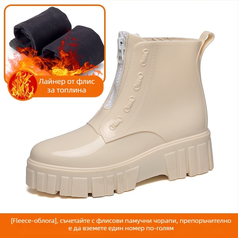 Дамски гумени ботуши за дъжд, средно високи до подбедрицата, PVC горна част, дебела подметка, среден ток 3–5 см, едноцветни, подходящи за пролет, есен и зима