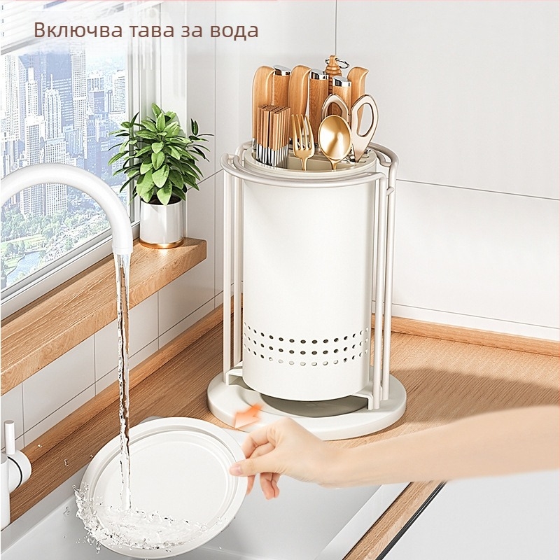Кухненски въртящ се държач за ножове и органайзер за прибори — интегриран държач за плот, карбонова стомана, мултифункционален, подвижен, без монтаж, модерен минималистичен дизайн