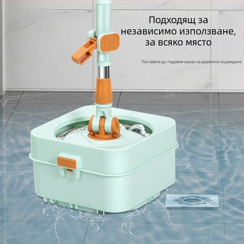 Qianhua въртящ се моп с кофа – въртящ се моп, мокро и сухо използване, памучна нишка, стоманен прът, еднопосочно задвижване, комплект кофа за моп