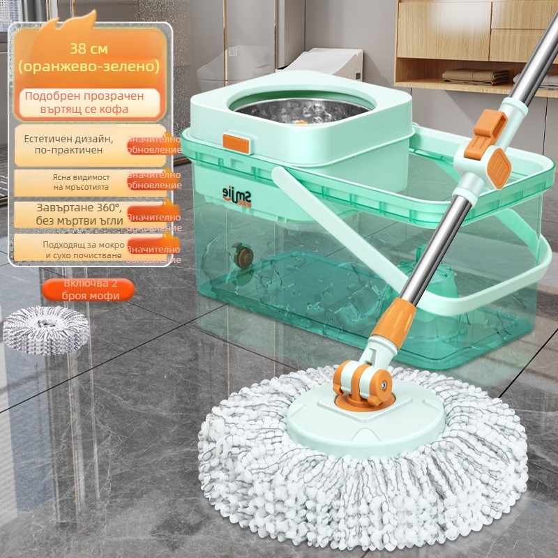 Qianhua въртящ се моп с кофа – въртящ се моп, мокро и сухо използване, памучна нишка, стоманен прът, еднопосочно задвижване, комплект кофа за моп
