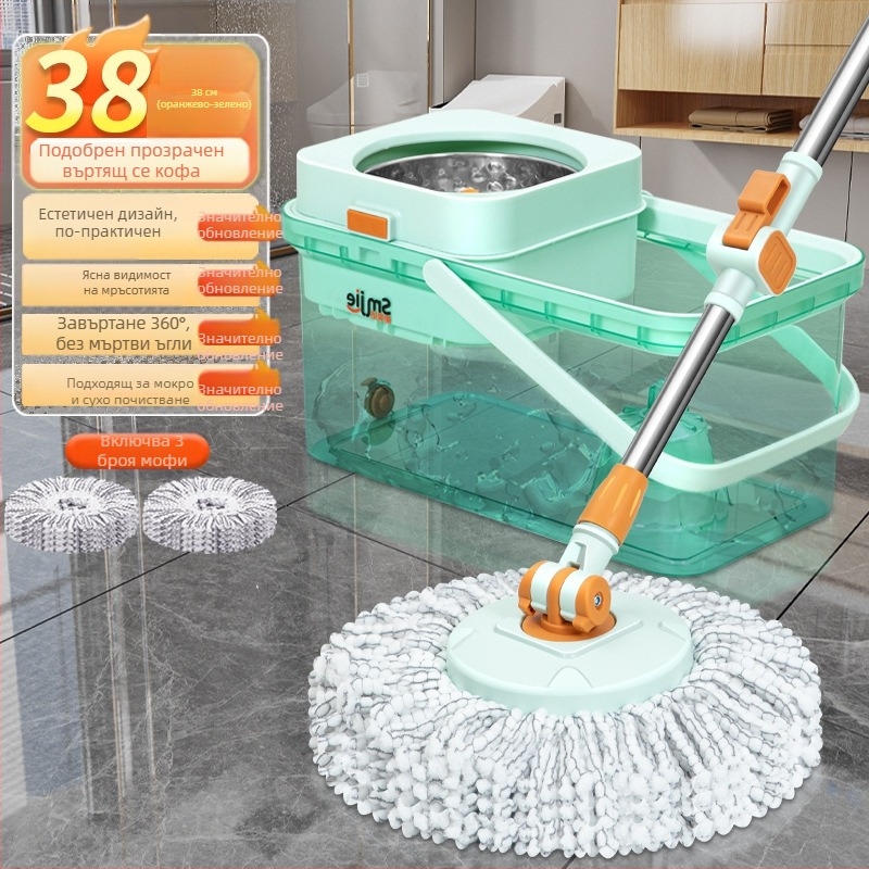 Qianhua въртящ се моп с кофа – въртящ се моп, мокро и сухо използване, памучна нишка, стоманен прът, еднопосочно задвижване, комплект кофа за моп
