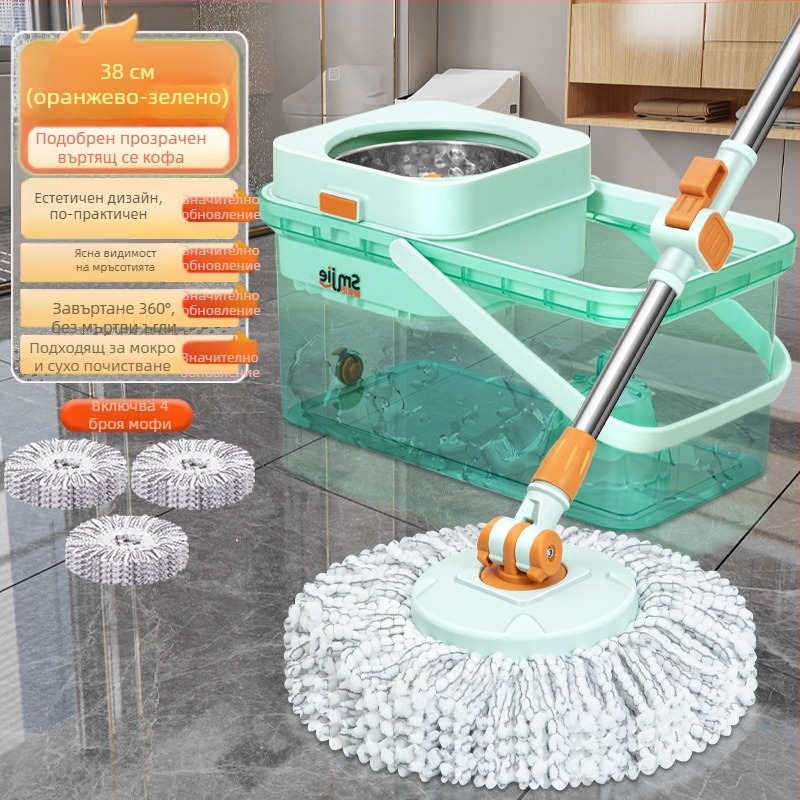 Qianhua въртящ се моп с кофа – въртящ се моп, мокро и сухо използване, памучна нишка, стоманен прът, еднопосочно задвижване, комплект кофа за моп