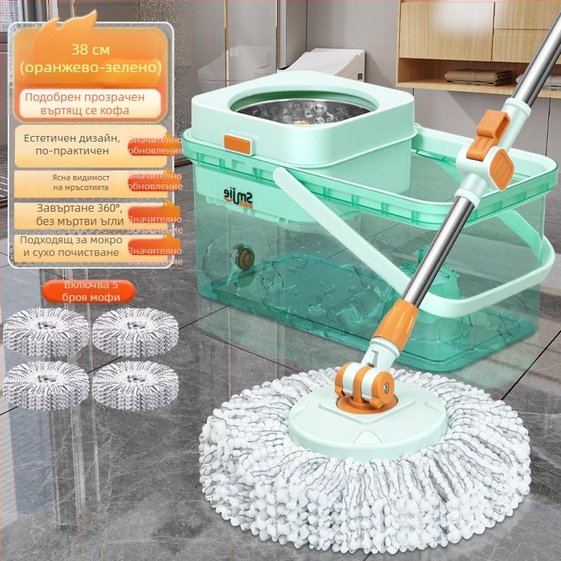 Qianhua въртящ се моп с кофа – въртящ се моп, мокро и сухо използване, памучна нишка, стоманен прът, еднопосочно задвижване, комплект кофа за моп