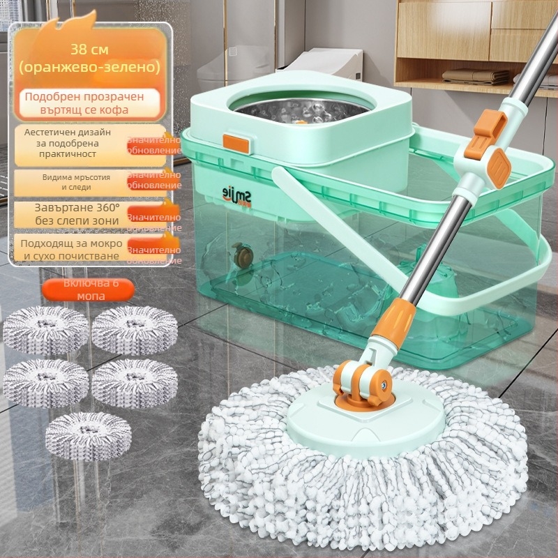 Qianhua въртящ се моп с кофа – въртящ се моп, мокро и сухо използване, памучна нишка, стоманен прът, еднопосочно задвижване, комплект кофа за моп