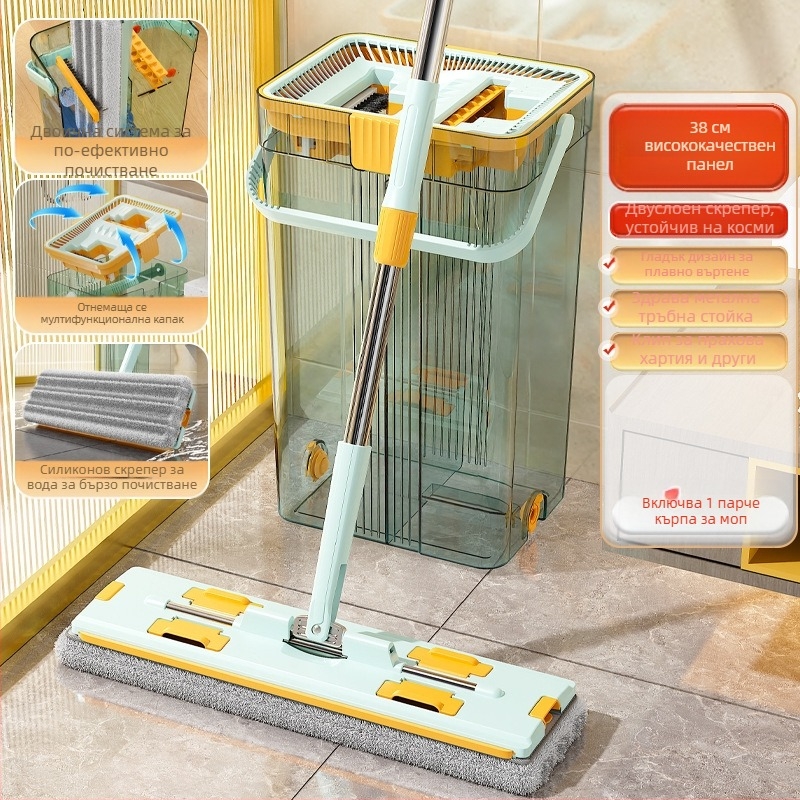 Qianhua въртящ се моп с кофа – въртящ се моп, мокро и сухо използване, памучна нишка, стоманен прът, еднопосочно задвижване, комплект кофа за моп