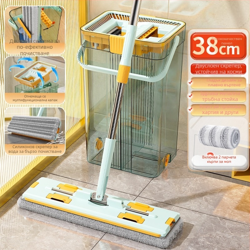Qianhua въртящ се моп с кофа – въртящ се моп, мокро и сухо използване, памучна нишка, стоманен прът, еднопосочно задвижване, комплект кофа за моп