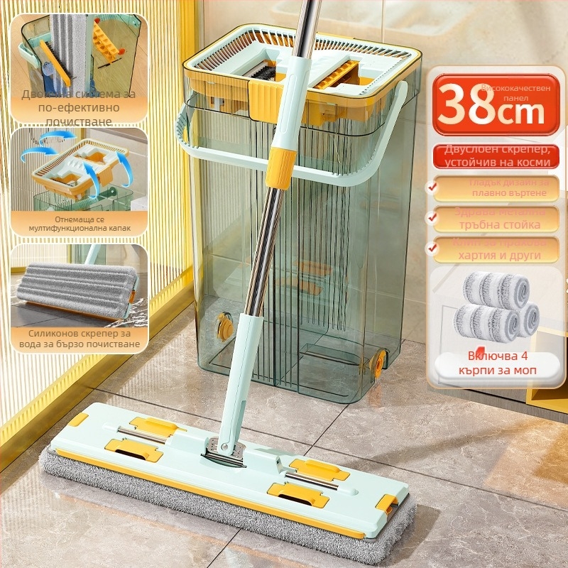 Qianhua въртящ се моп с кофа – въртящ се моп, мокро и сухо използване, памучна нишка, стоманен прът, еднопосочно задвижване, комплект кофа за моп