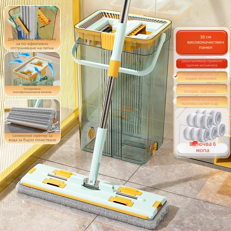 Qianhua въртящ се моп с кофа – въртящ се моп, мокро и сухо използване, памучна нишка, стоманен прът, еднопосочно задвижване, комплект кофа за моп