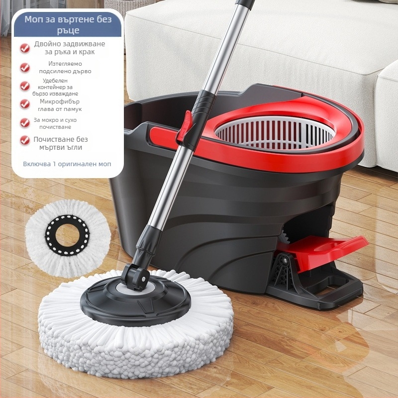 Qianhua въртящ се моп с кофа – въртящ се моп, мокро и сухо използване, памучна нишка, стоманен прът, еднопосочно задвижване, комплект кофа за моп