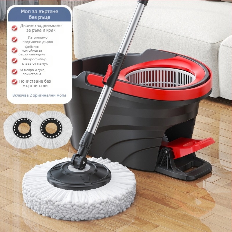 Qianhua въртящ се моп с кофа – въртящ се моп, мокро и сухо използване, памучна нишка, стоманен прът, еднопосочно задвижване, комплект кофа за моп