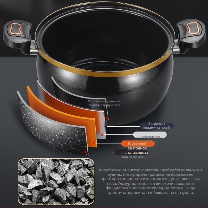 Тенджера за супи в стил преса, железна конструкция, стъклен капак, незалепващо покритие, нов китайски стил