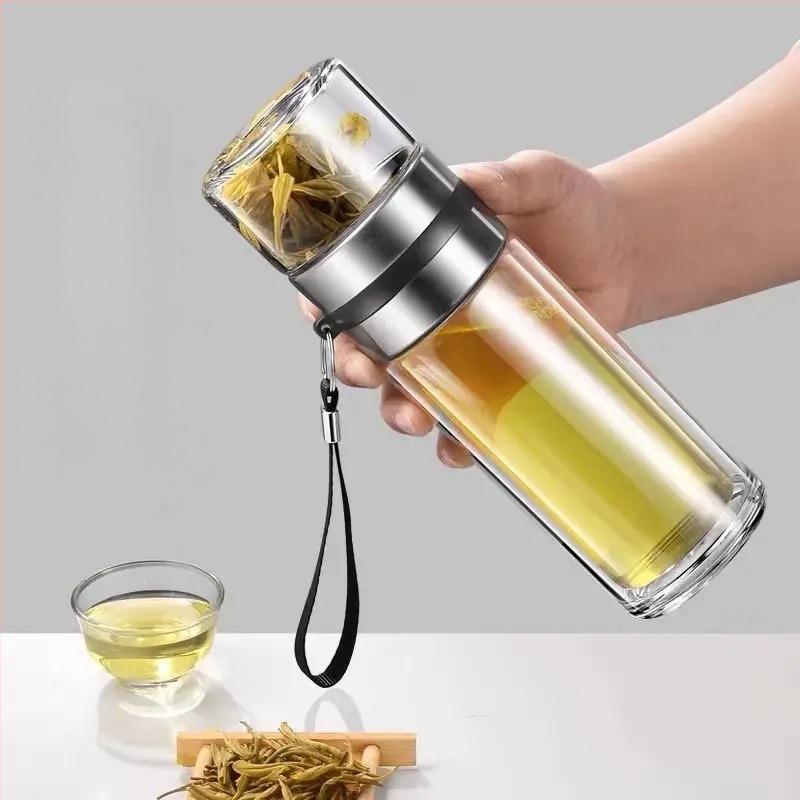 Стъклена термос-чаша за чай с разделяне на чай и вода, дръжка, преносима