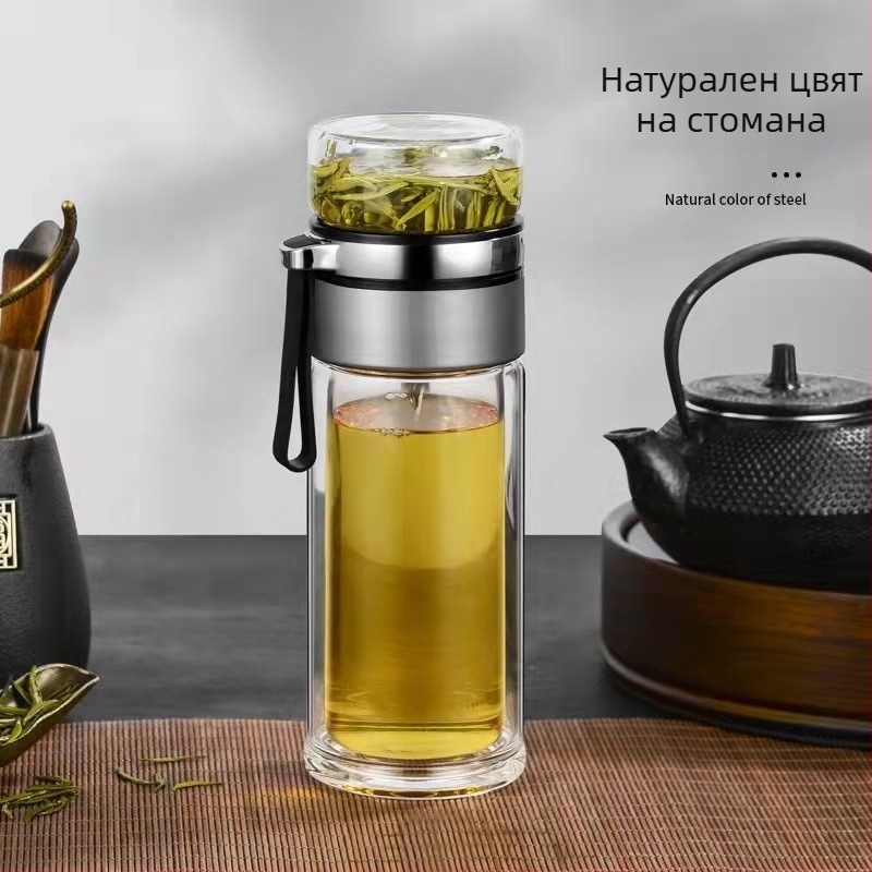 Стъклена термос-чаша за чай с разделяне на чай и вода, дръжка, преносима