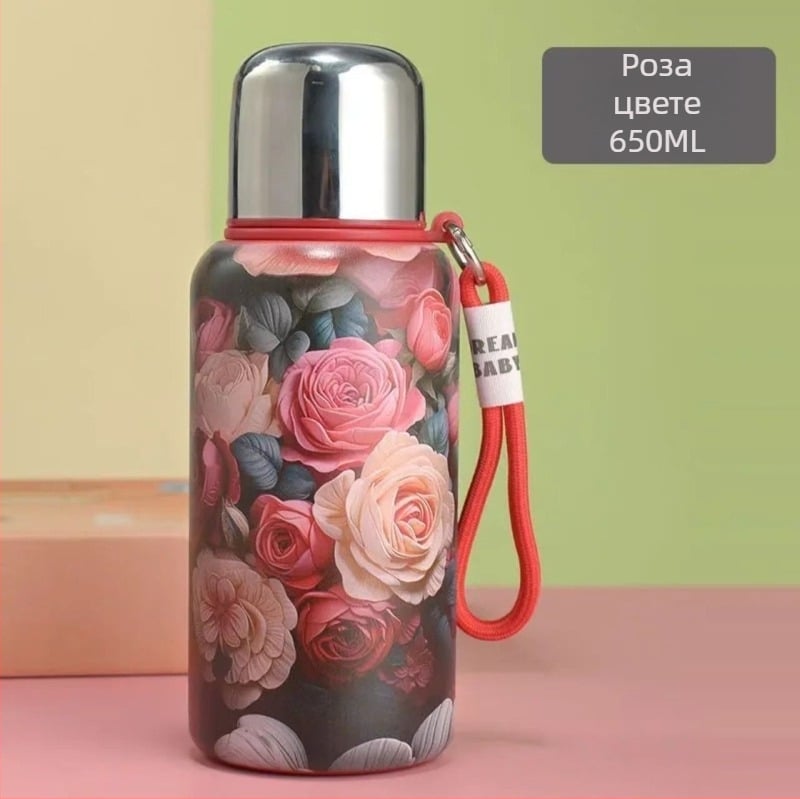 Термос чаша с рози и пион в китайски стил, ретро дизайн, с презрамка, вътрешен резервоар от 316 стомана, корпус от 201 стомана, изолация 0–6 ч, преносима, печат на лого възможен