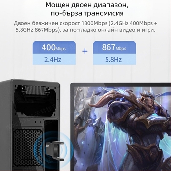 USB безжичен Wi-Fi адаптер, 1300 Mbps, двудиапазонен 2.4 GHz/5.8 GHz, 802.11b/g/n, без драйвери