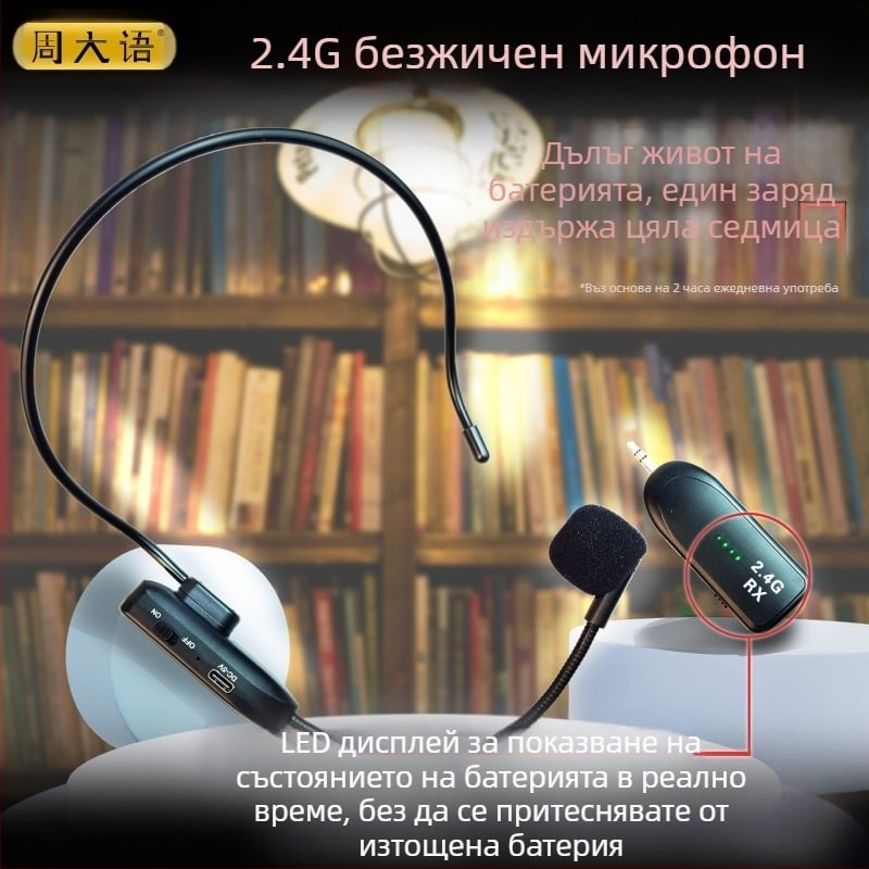 Хедсет микрофон за срещи с вградена батерия 300–500 mAh, суперкардиоиден приемник, честотен диапазон 100 Hz–20 kHz, SNR ≥75 dB