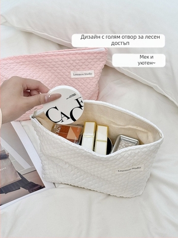 Козметична чанта за съхранение – преносима, голям капацитет; полиестерна материя с каре шарка, подплата полиестер, стил минималистичен и луксозен