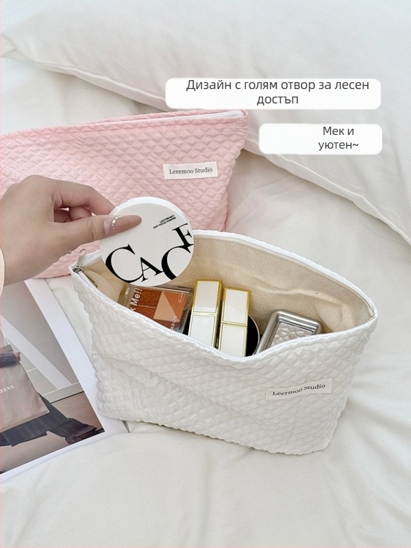 Козметична чанта за съхранение – преносима, голям капацитет; полиестерна материя с каре шарка, подплата полиестер, стил минималистичен и луксозен