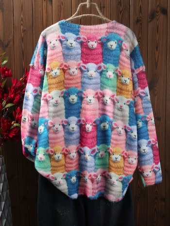 Пуловер с V-образно деколте, животински принт, полиестер, средна дебелина, свободна кройка