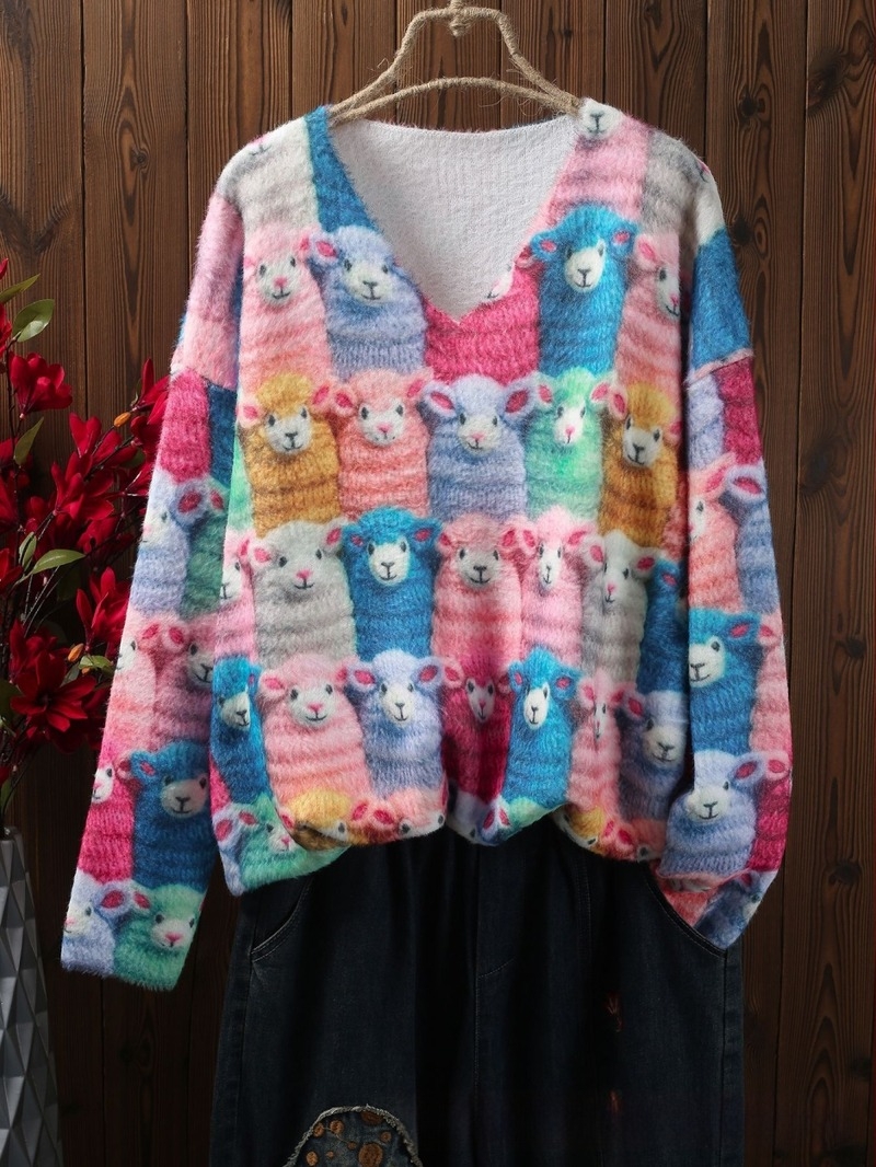 Пуловер с V-образно деколте, животински принт, полиестер, средна дебелина, свободна кройка