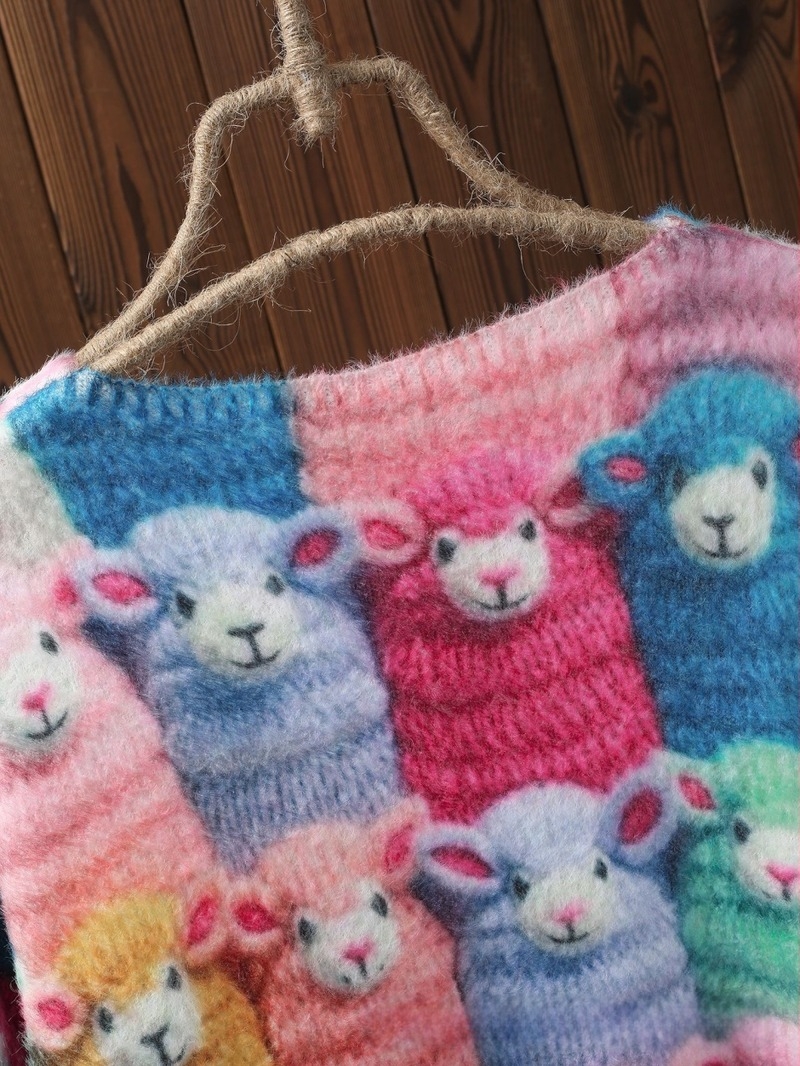 Пуловер с V-образно деколте, животински принт, полиестер, средна дебелина, свободна кройка