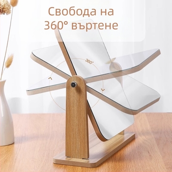 Десктоп козметично огледало с едностранна повърхност, дървена рамка, въртящо се, за спалня и баня, сребърна повърхност