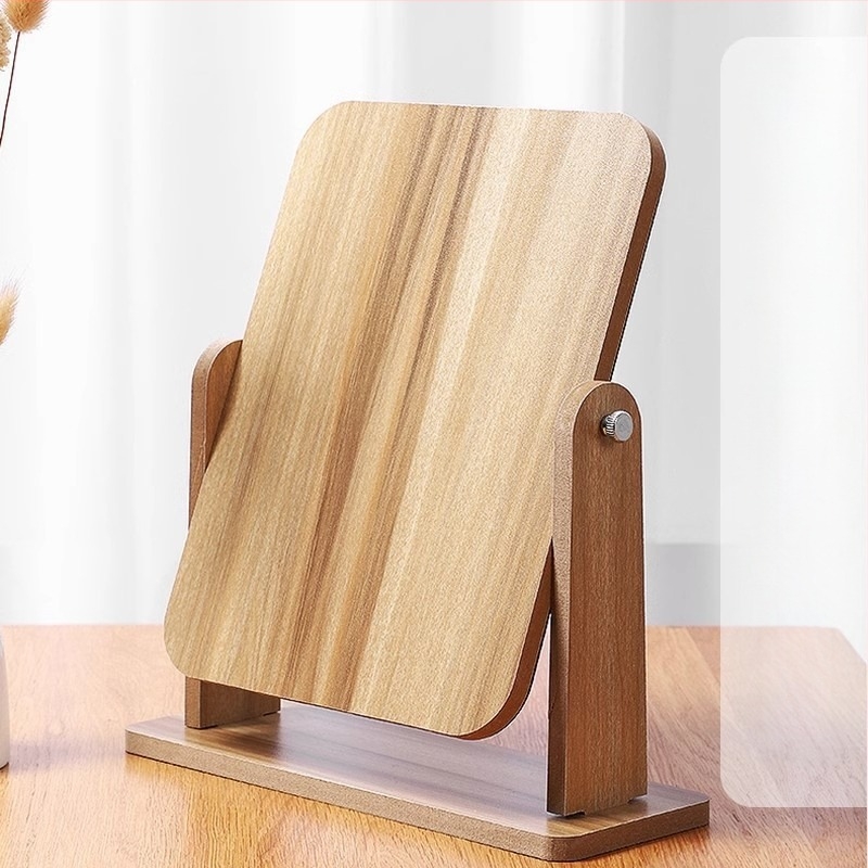 Десктоп козметично огледало с едностранна повърхност, дървена рамка, въртящо се, за спалня и баня, сребърна повърхност