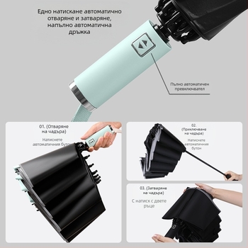 Обратен автоматичен чадър за слънце и дъжд с UV защита UPF50+, рамка от сплав с 10 ребра, плат полиестер 210T, автоматично отваряне/затваряне, печат на лого