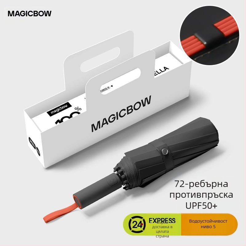 Пълноавтоматичен сгъваем чадър с 12 ребра, ветроустойчив, UPF50+ UV защита, стоманени ребра и прът, печат на лого