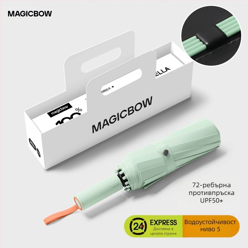 Пълноавтоматичен сгъваем чадър с 12 ребра, ветроустойчив, UPF50+ UV защита, стоманени ребра и прът, печат на лого