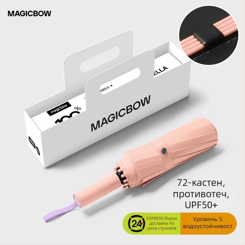 Пълноавтоматичен сгъваем чадър с 12 ребра, ветроустойчив, UPF50+ UV защита, стоманени ребра и прът, печат на лого