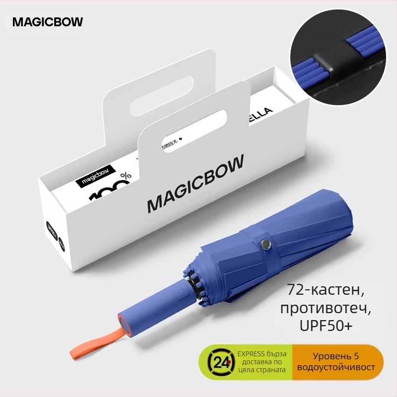 Пълноавтоматичен сгъваем чадър с 12 ребра, ветроустойчив, UPF50+ UV защита, стоманени ребра и прът, печат на лого