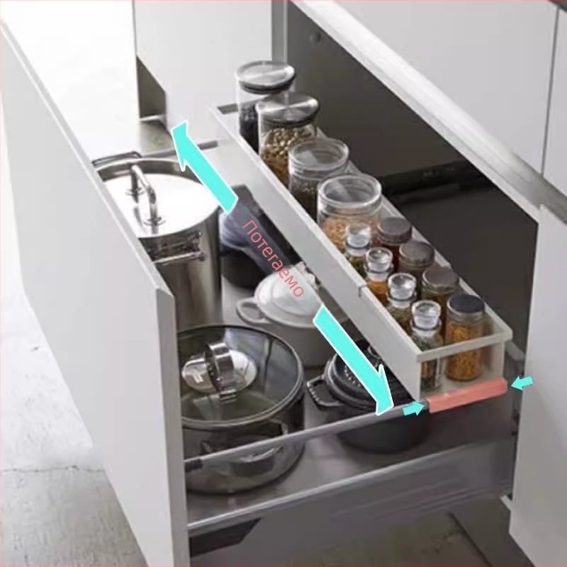 Кухненски чекмеджетен рафт за подправки с нива, разтегателен разделител рафт, без пробиване (Марка: Likewei; Материал: въглеродна стомана; Стил: модерен минимализъм; Функция: без пробиване; Категория: рафт за подправки)