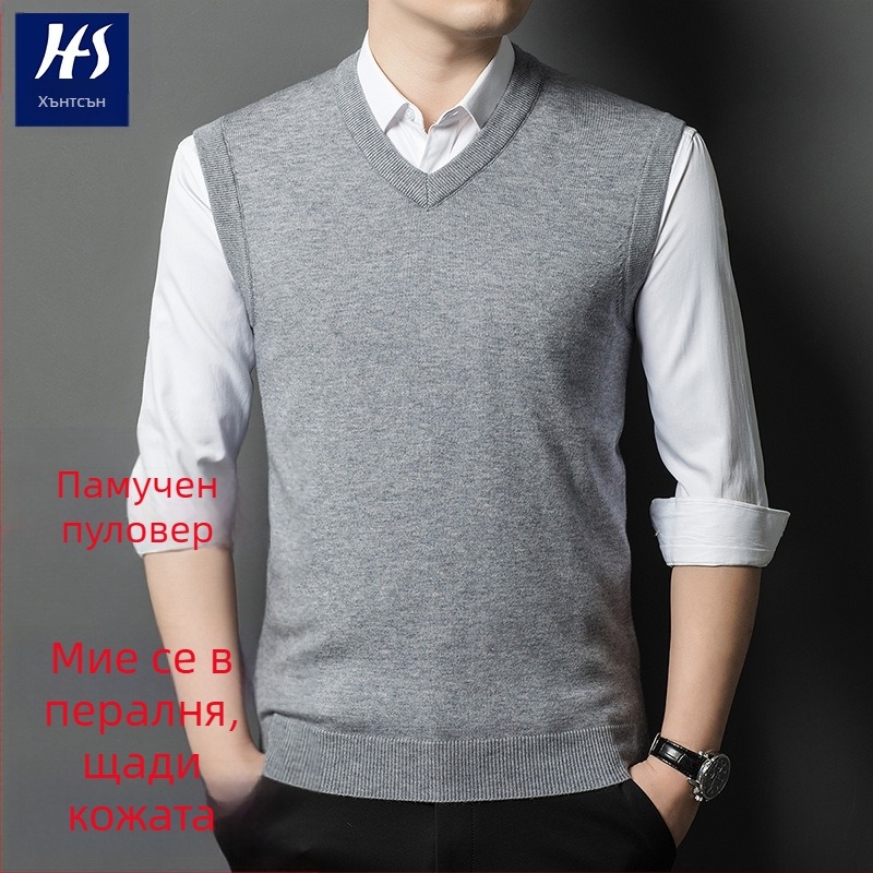 Мъжка жилетка от вълна с V-образно деколте, без ръкави, дебела вълна, 30–35% заешка козина, ребрено дъно, есенно-зимна колекция 2024