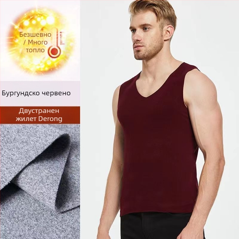 Мъжки полиестерен топъл жилет, V-образно деколте, базов слой, еднослоен, средна дебелина 161-180 g/m²