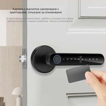 Вътрешна врата интелигентен заключващ механизъм SS-DZL с пръстов отпечатък, парола и ключ; съхранение на 100 пръстови отпечатъка, над 100000 отключвания, сканиране <0.5 сек, DC захранване, диапазон на работа -10°C до 60°C.