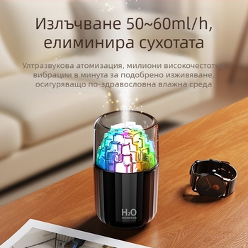 USB овлажнител с LED лампа под формата на ледено кубче, 3D многоцветна атмосфера, ароматерапия, покритие 10–20 м², резервоар <0,5 л, таймер 2–8 ч