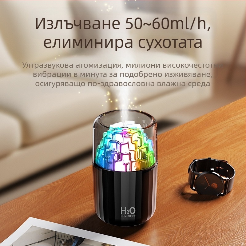 USB овлажнител с LED лампа под формата на ледено кубче, 3D многоцветна атмосфера, ароматерапия, покритие 10–20 м², резервоар <0,5 л, таймер 2–8 ч