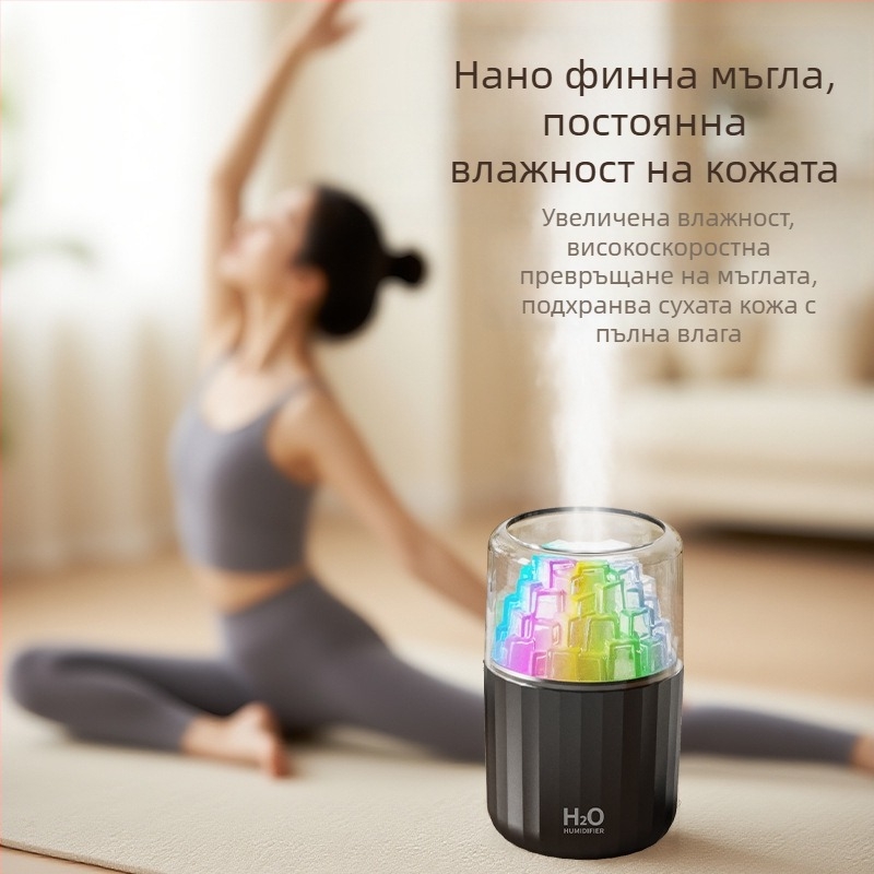 USB овлажнител с LED лампа под формата на ледено кубче, 3D многоцветна атмосфера, ароматерапия, покритие 10–20 м², резервоар <0,5 л, таймер 2–8 ч