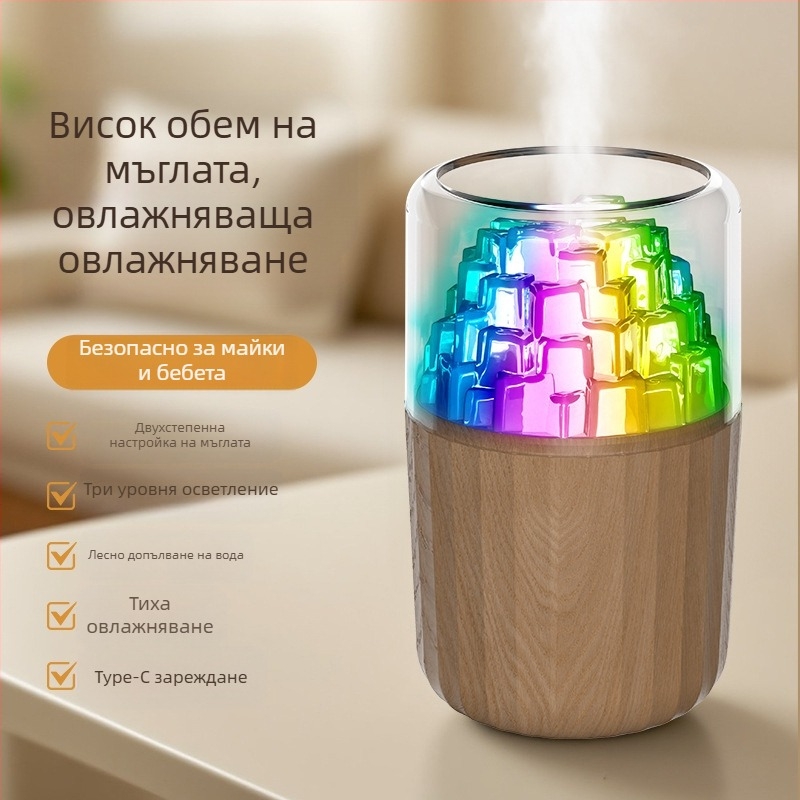 USB овлажнител с LED лампа под формата на ледено кубче, 3D многоцветна атмосфера, ароматерапия, покритие 10–20 м², резервоар <0,5 л, таймер 2–8 ч
