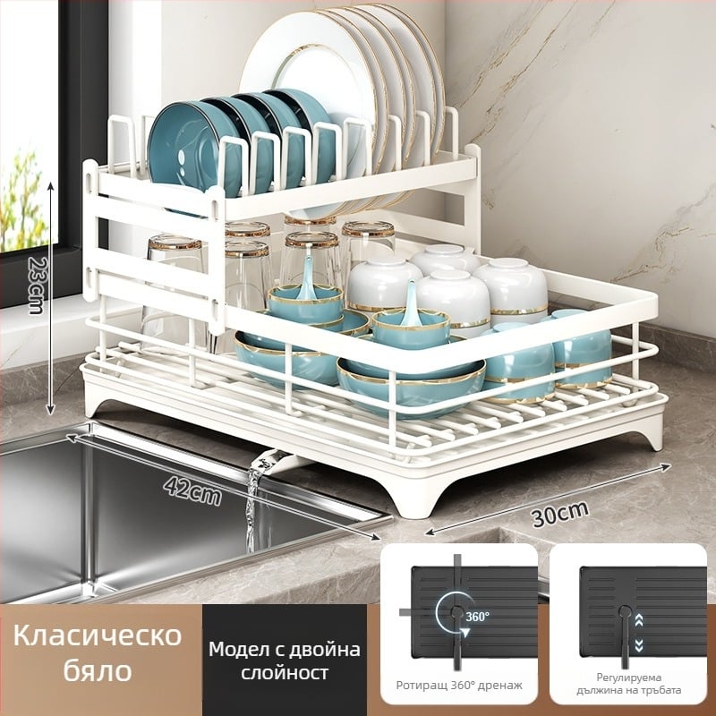 Рафт за съдове с отцеждане и държач за клечки за хранене – въглеродна стомана – модерен минималистичен стил – тесен кухненски прозоречен перваз