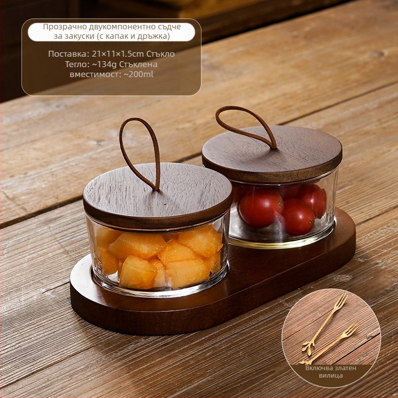 Японски стил разделена чиния за плодове със стъклен капак, кръгла стъклена купа за плодове и сухи плодове, прост дизайн