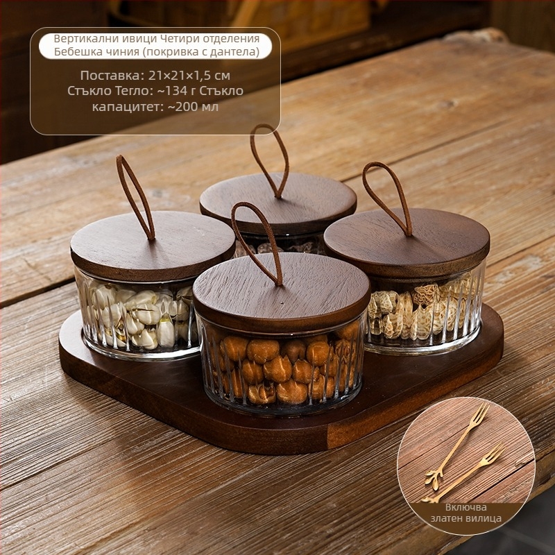 Японски стил разделена чиния за плодове със стъклен капак, кръгла стъклена купа за плодове и сухи плодове, прост дизайн