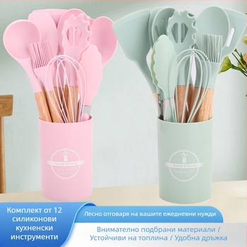 Комплект лъжици и шпатула - силиконови кухненски прибори с дръжки от дъб и бук, 12 части, модерен минималистичен дизайн, термоустойчиви и антихлъзгащи