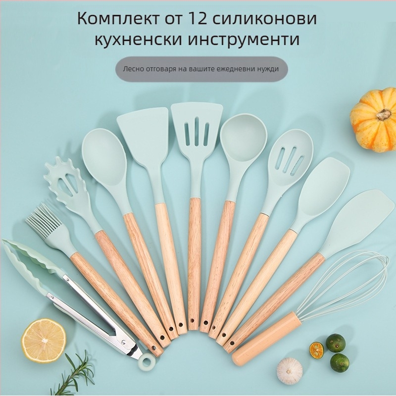Комплект лъжици и шпатула - силиконови кухненски прибори с дръжки от дъб и бук, 12 части, модерен минималистичен дизайн, термоустойчиви и антихлъзгащи