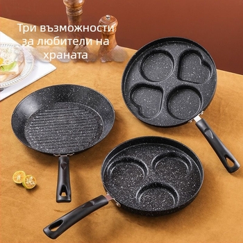 Тиган с незалепващо покритие, сърцевидна форма за яйца, мини с четири отвора, плосък дъно (Модел 01; Материал: Медицински камък; Функция: Незалепващо; Дъно: едносложно; Дълбочина: 3,5 см)