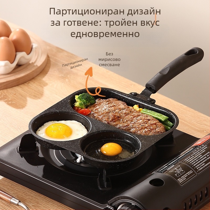 Тиган с незалепващо покритие, сърцевидна форма за яйца, мини с четири отвора, плосък дъно (Модел 01; Материал: Медицински камък; Функция: Незалепващо; Дъно: едносложно; Дълбочина: 3,5 см)