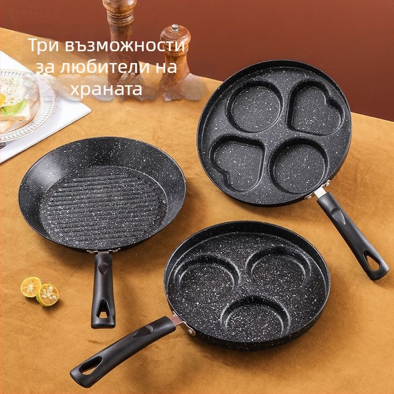 Тиган с незалепващо покритие, сърцевидна форма за яйца, мини с четири отвора, плосък дъно (Модел 01; Материал: Медицински камък; Функция: Незалепващо; Дъно: едносложно; Дълбочина: 3,5 см)